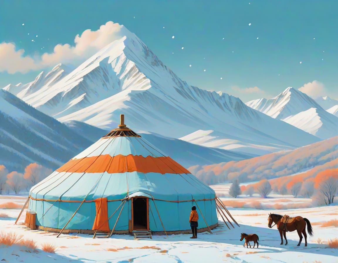Mongolian Yurt in Winter Steppe Landscape
