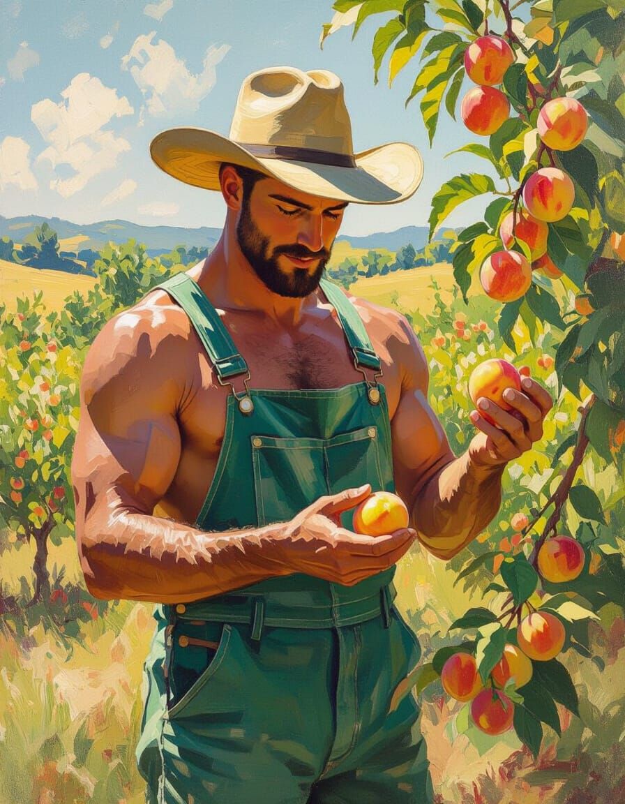 Farmer Inspecting Peach in Impressionistic Orchard