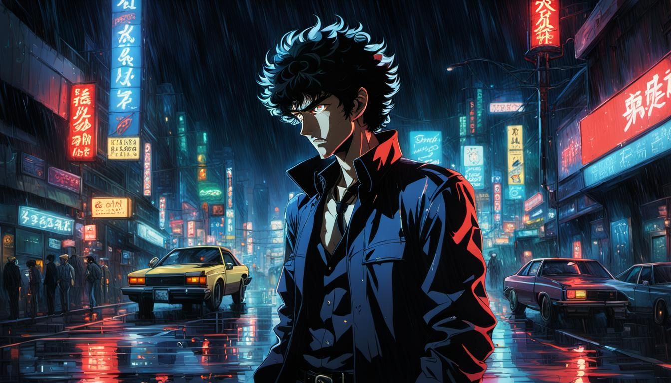 Spike Spiegel in Rainy Neon Anime Art