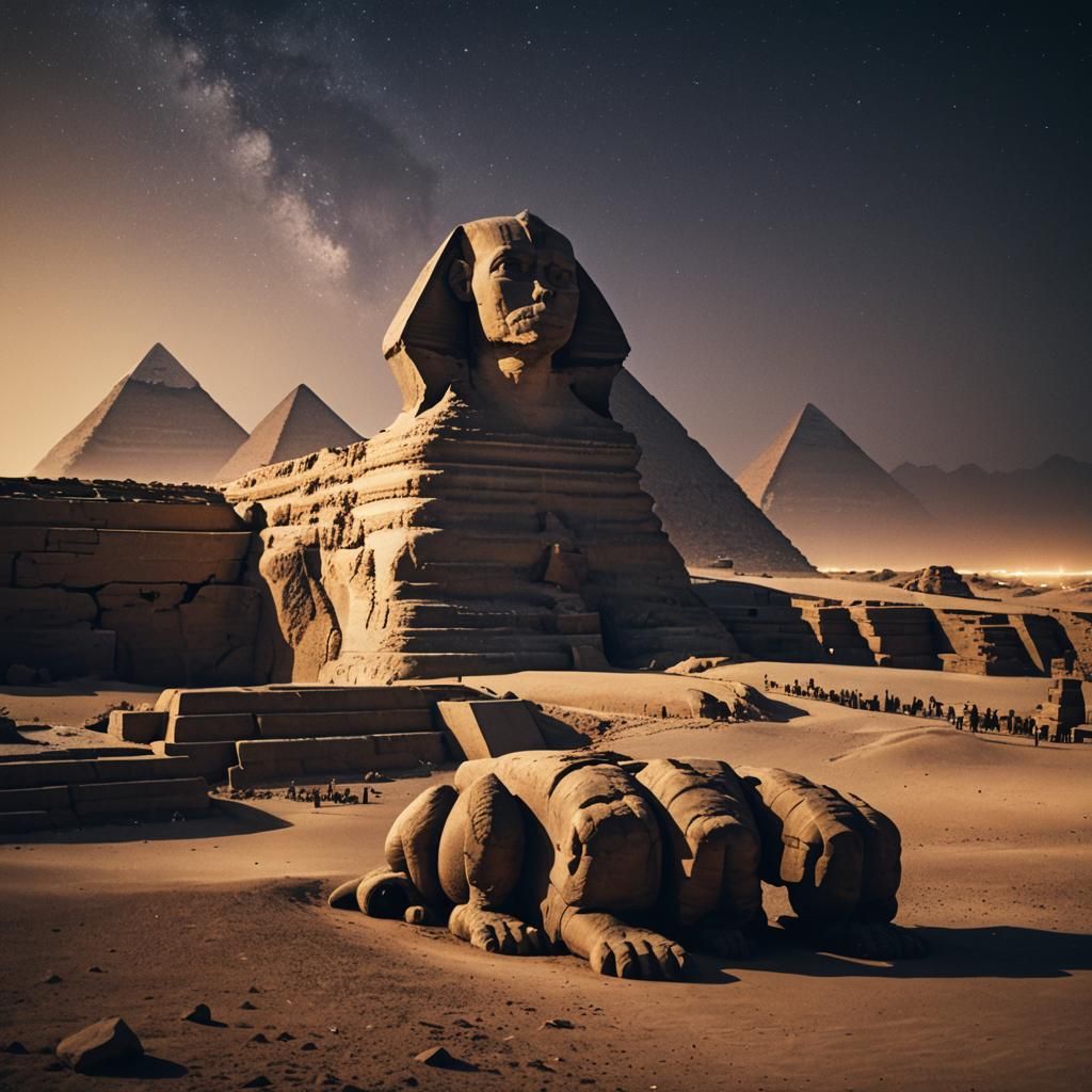 Futuristic Pyramids and Sphinx at Night