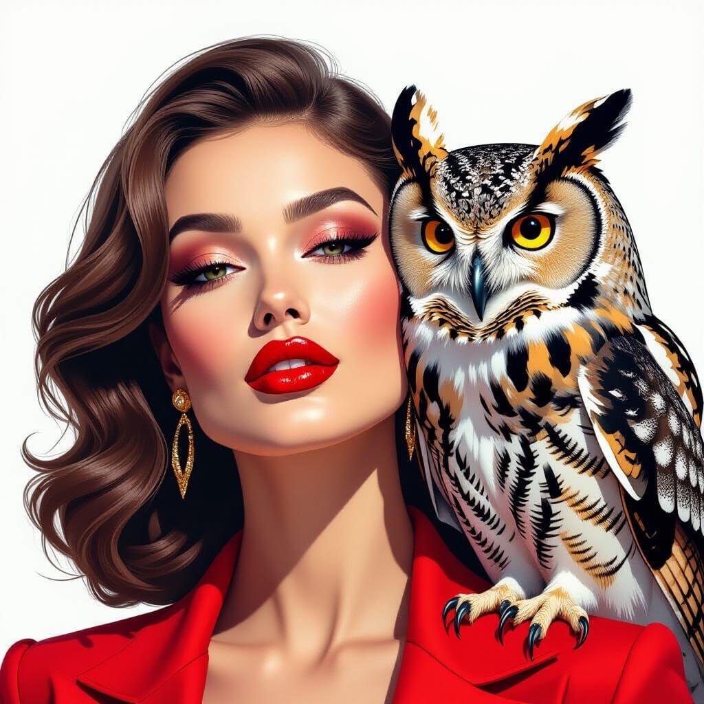 Pop Art Red Lips and Owl on White