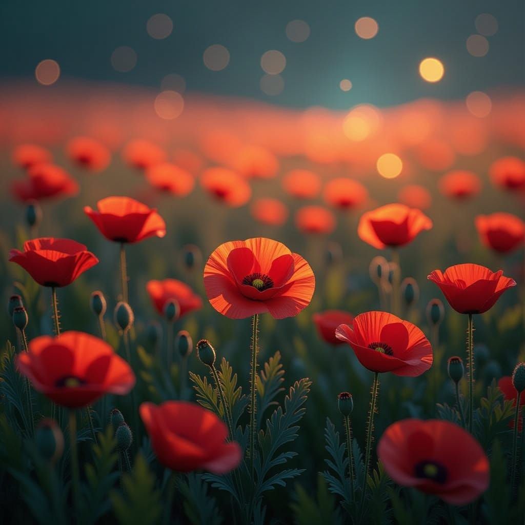 Vibrant Poppy Field in Volumetric Lighting
