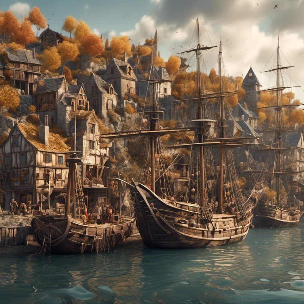 Hyperrealistic Medieval Port City on Autumn Day