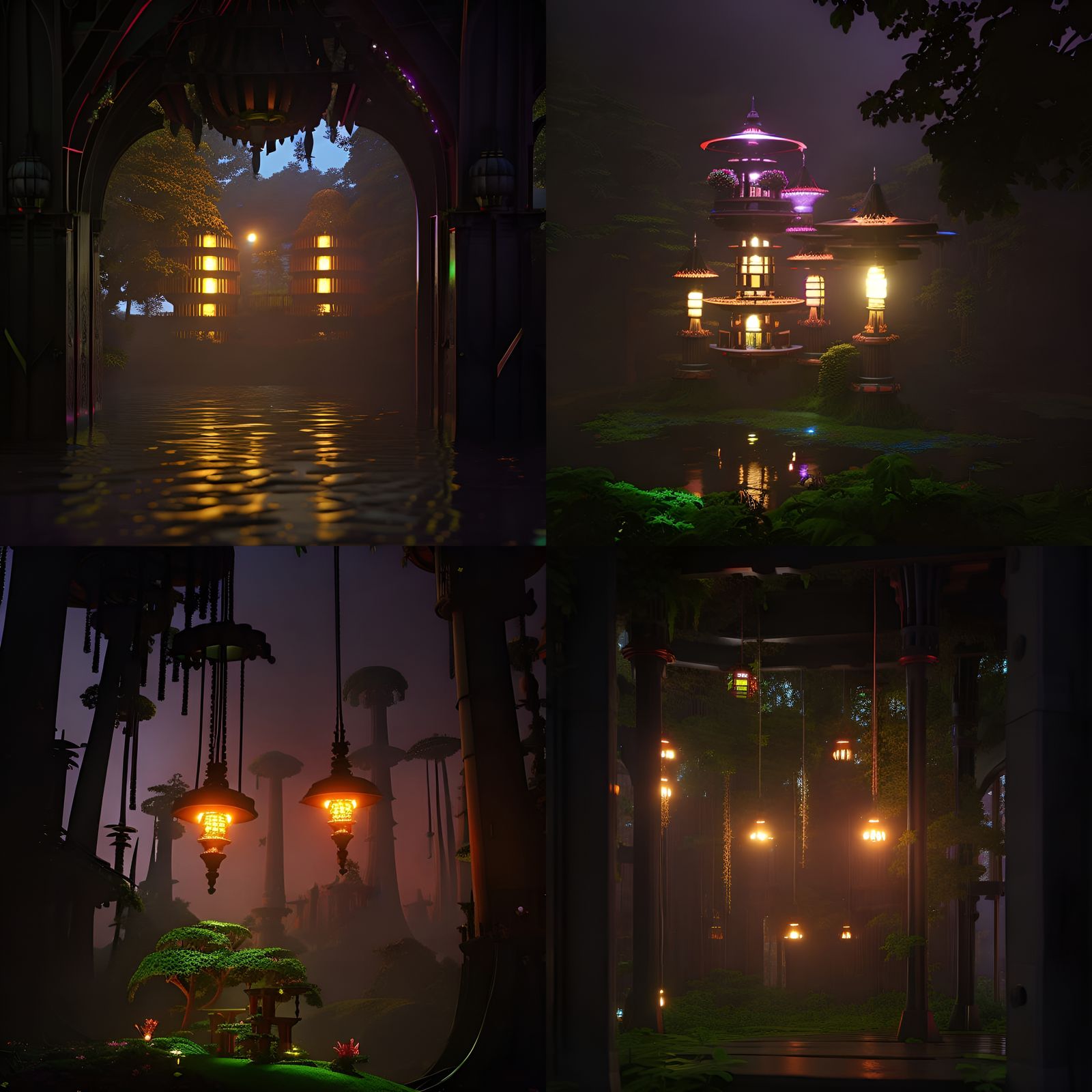 cyborg steampunk rustle castle in the middle of the rain forest green flowery trees,sunset landscape magical breathtakin...