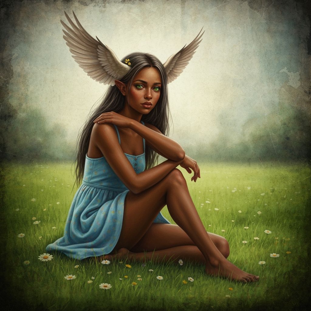 Tiny Elf on Grass Blade in Smokey Grunge Oil Painting