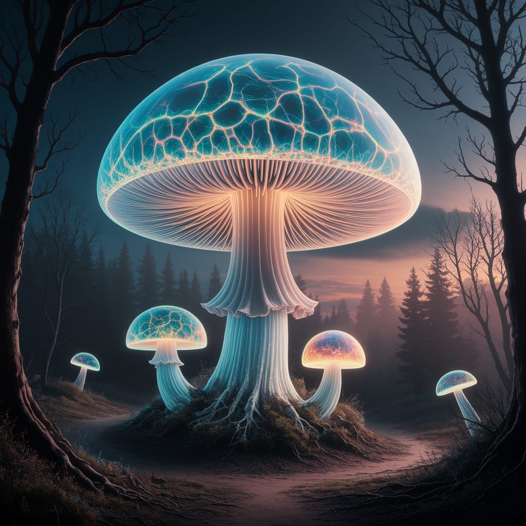 Ethereal Holographic Mushroom Glows in Twilight Forest