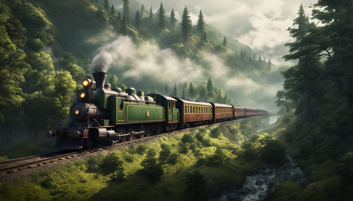Vintage Train in Misty Valley: Fantasy Concept Art