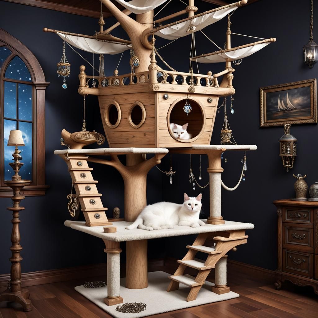 Renaissance Ship Cat Tree with Sleeping Cat