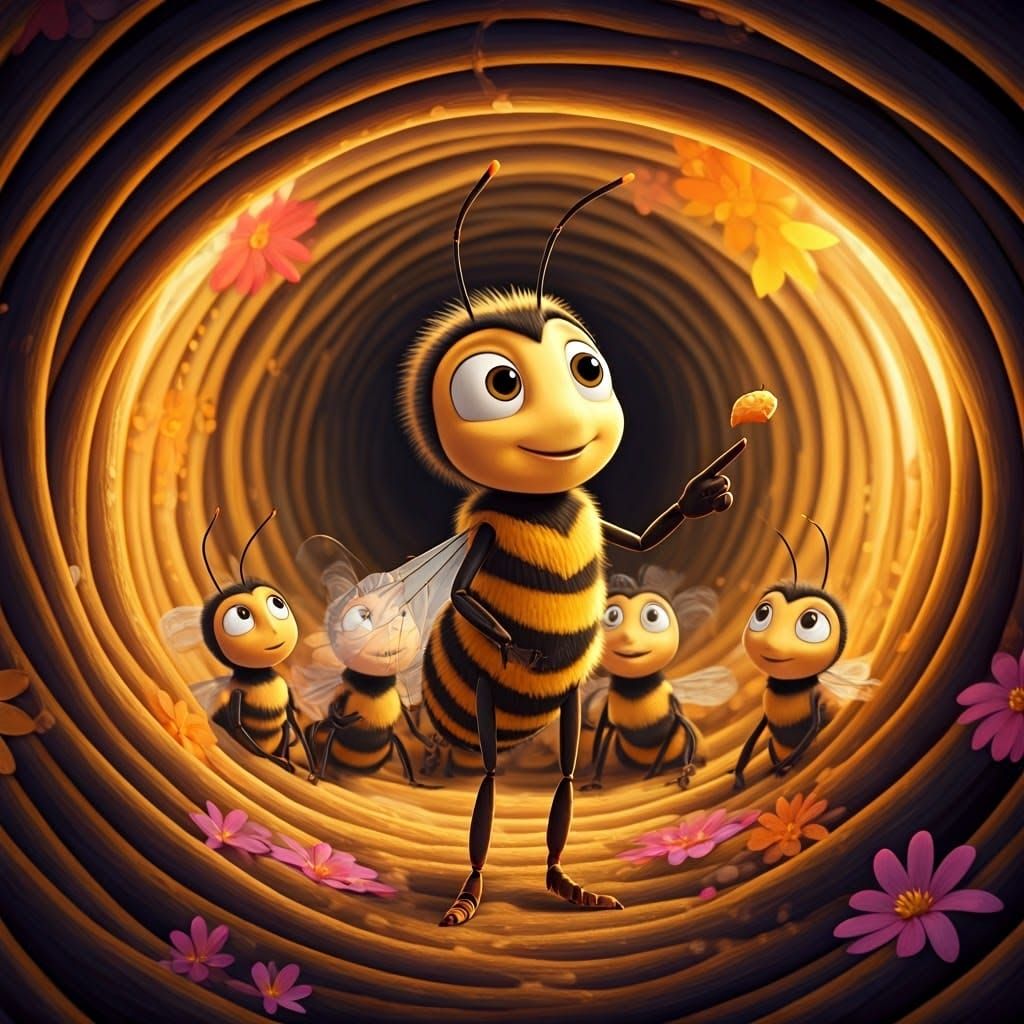 A Happy Bee Teacher Inspires Her Pupils in a Vibrant Hive