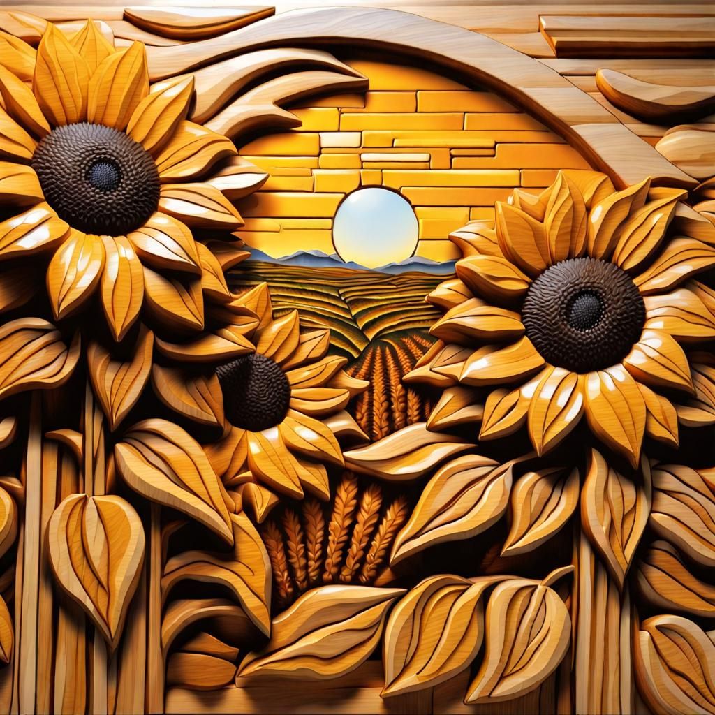 Sunflowers in 3D Wood Carving Intarsia