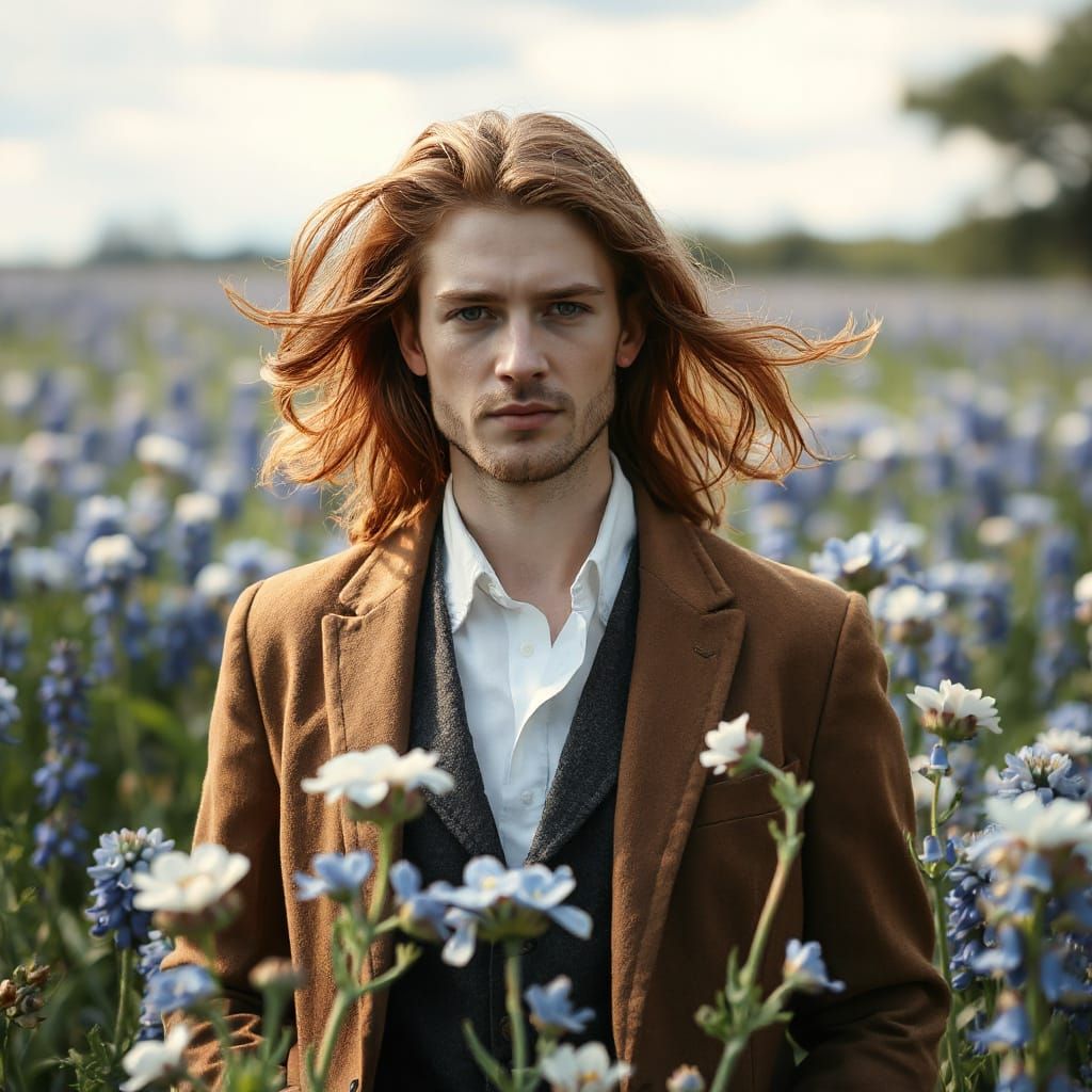 Auburn Haired Man in Bluebonnet Field: Impressionistic Art