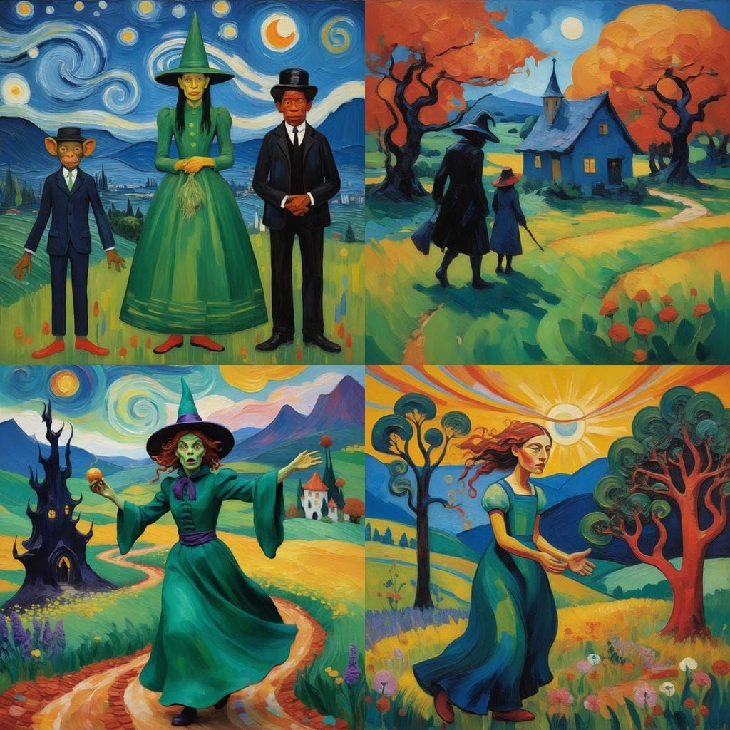 Enchanted Oz Witches and Monkeys in Vibrant Neo-Impressionis...