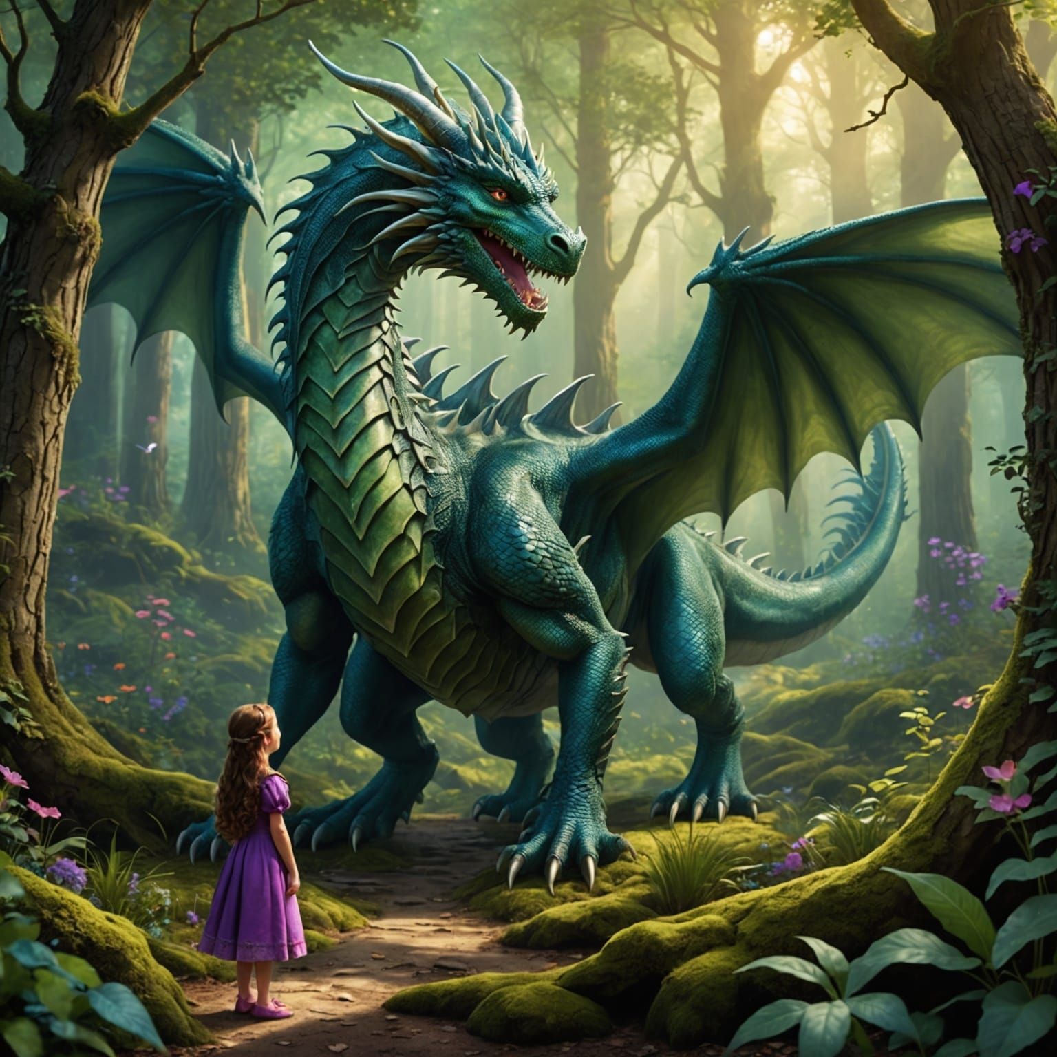 Enchanted Forest: Dragon and Princess in Ethereal Light