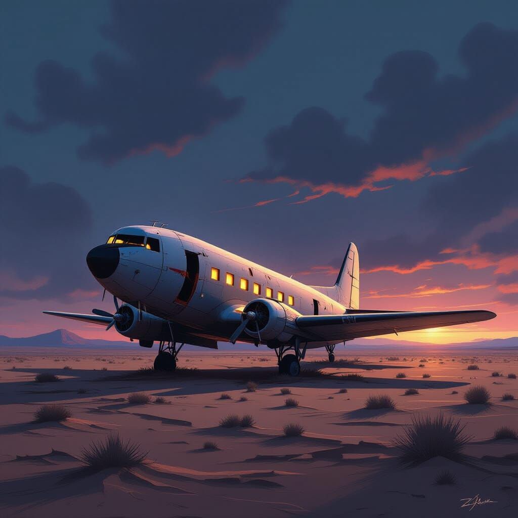 Abandoned Plane in Desolate Desert Twilight