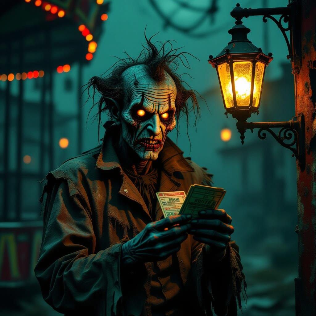 Grotesque Carny Lurking in Shadowy Abandoned Carnival