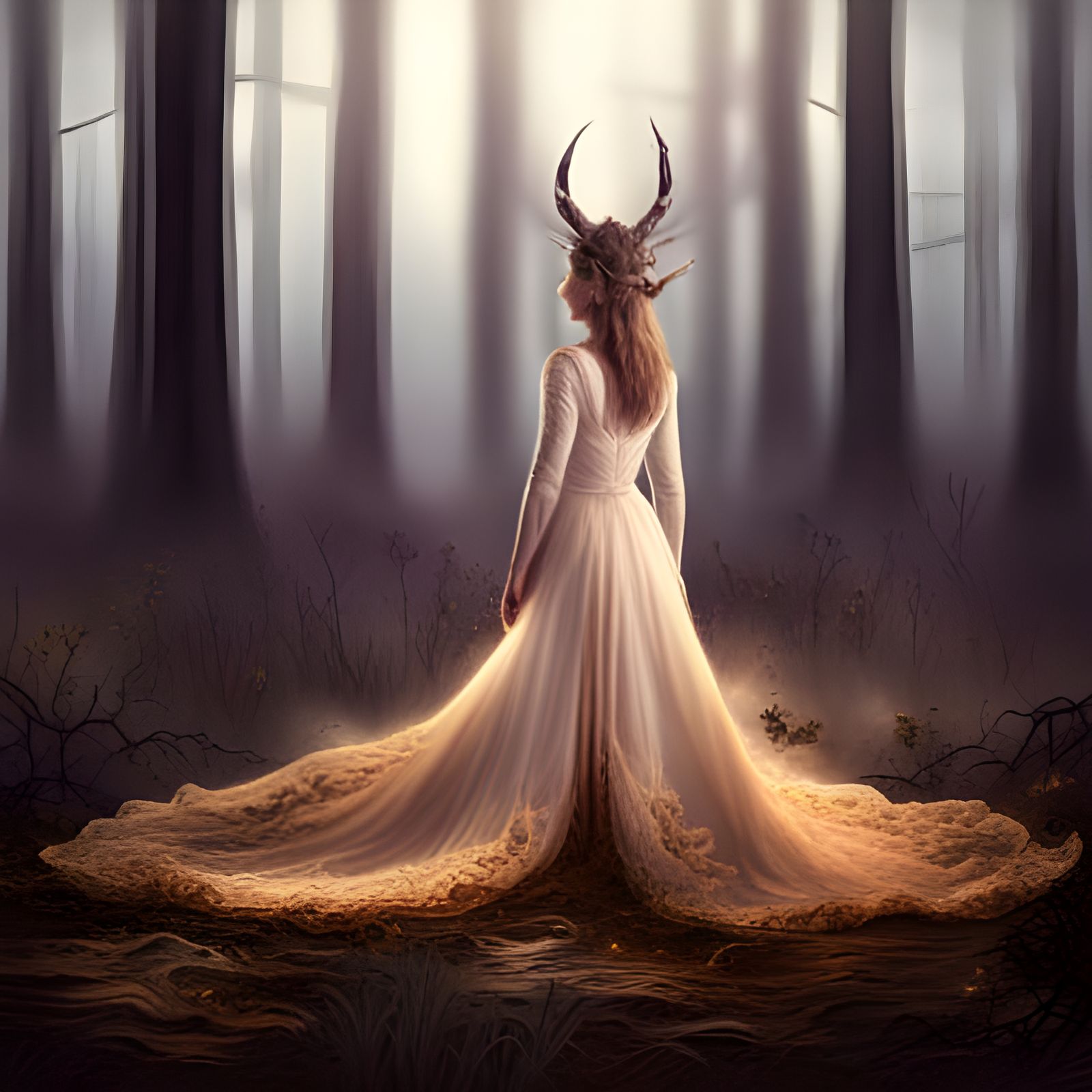Ethereal Horned Woman in Forest at Golden Hour