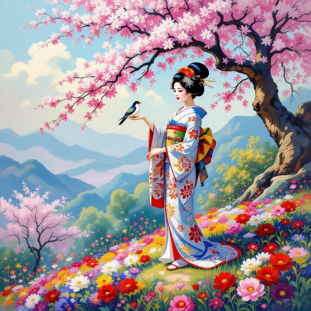 Geisha with Bird on Flower Hill Oil Painting
