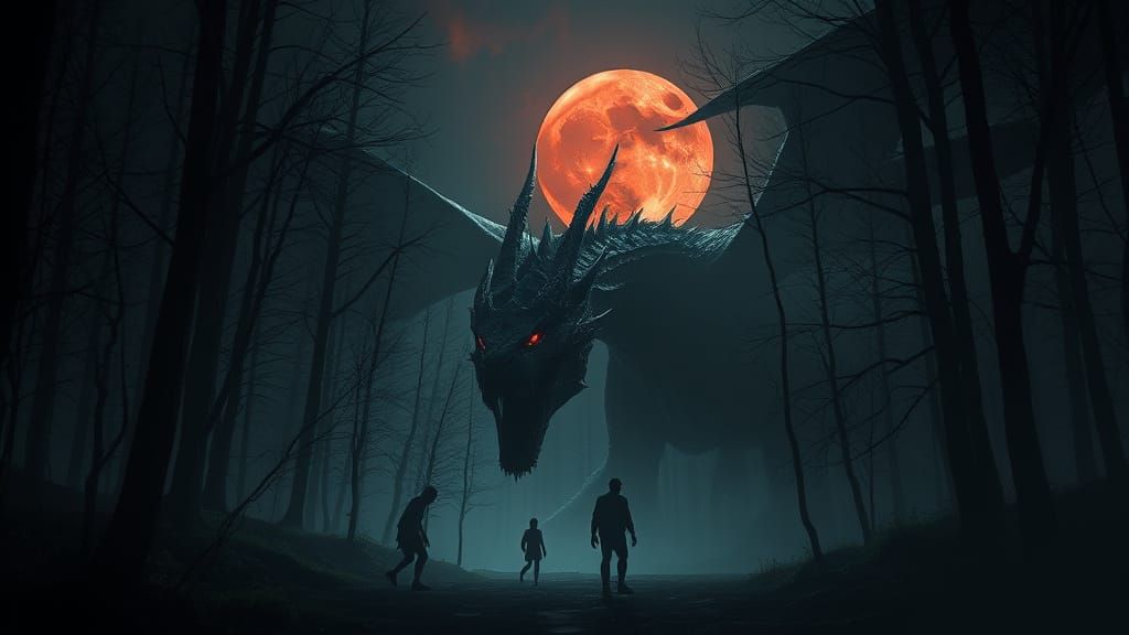 Obsidian Dragon in Haunted Forest Under Blood Moon