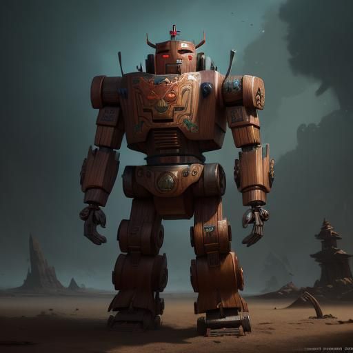 Wooden Tiki Robot in Detailed Matte Painting