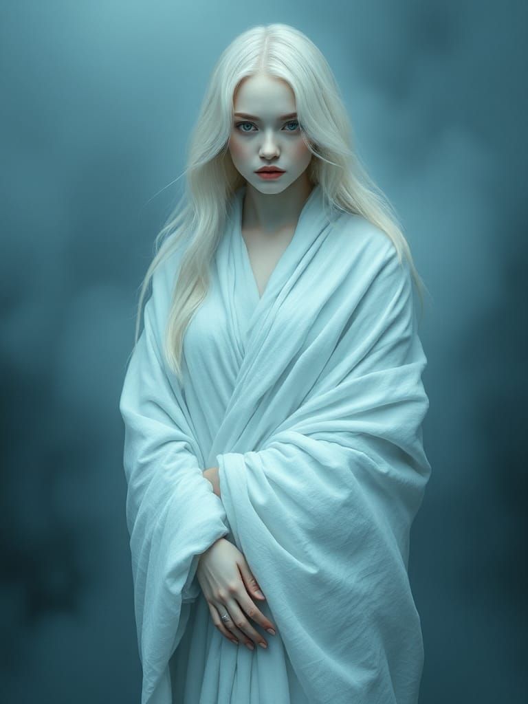Beautiful Albino Woman in Pale Blue Linen