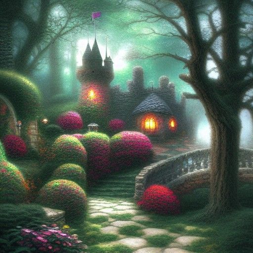 Ethereal Mossy Castle Cafe in Luminist Style