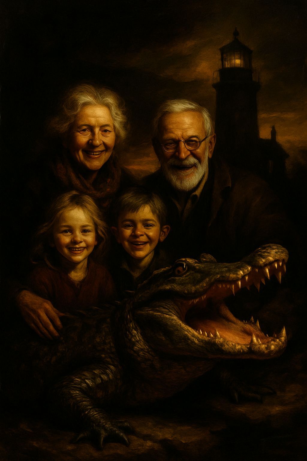 Family Portrait with Crocodile as Impasto Painting