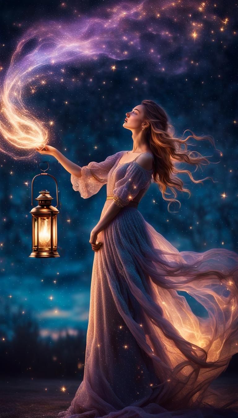 Girl with Lantern Under Starry Galaxy Sky