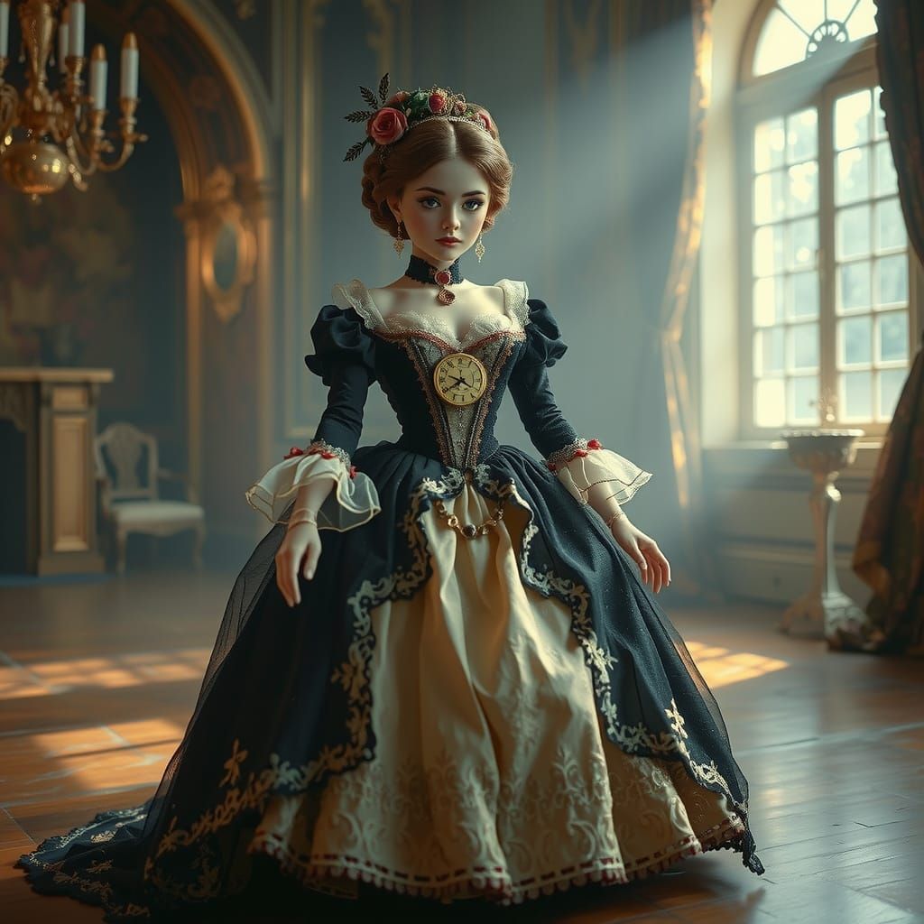 Victorian Automaton Doll Dances in Opulent Ballroom