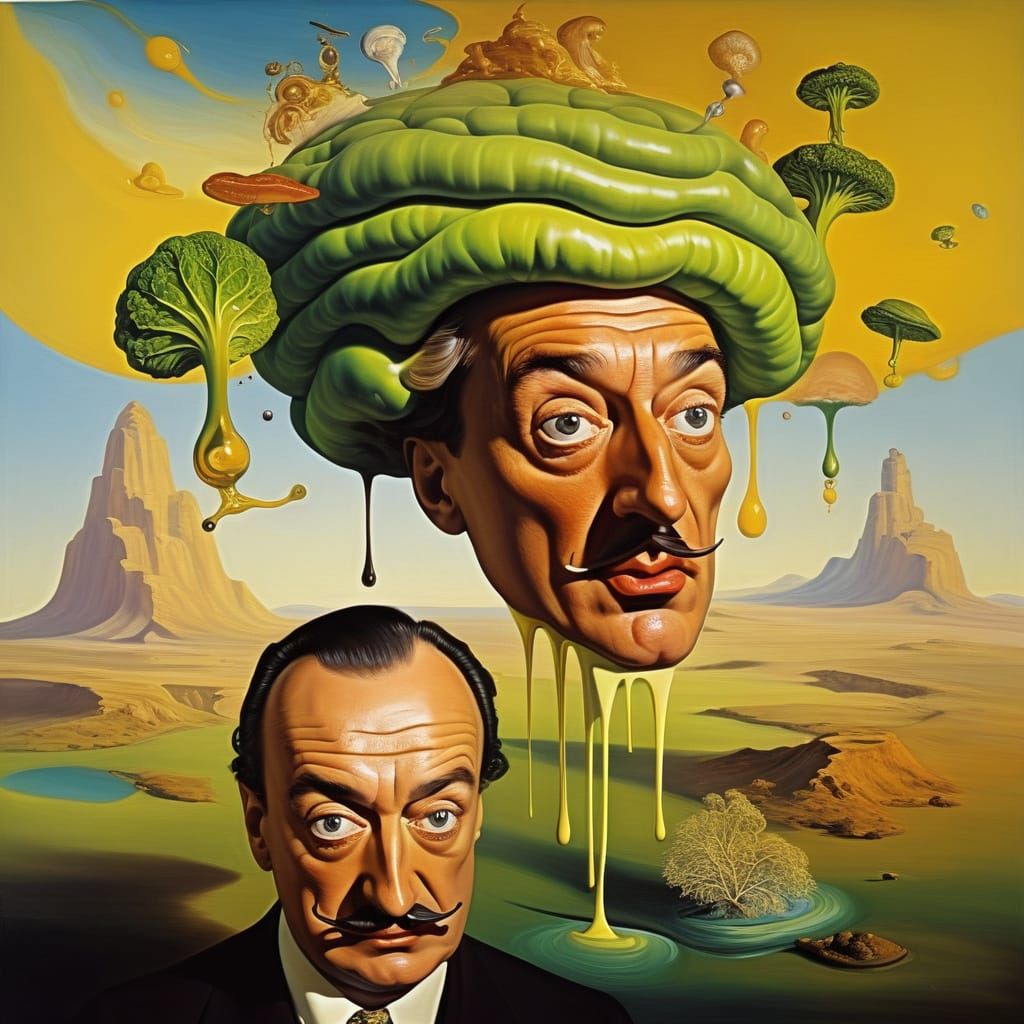 Absurdist Feast: A Man's Head Buried Under a Gooey Sandwich