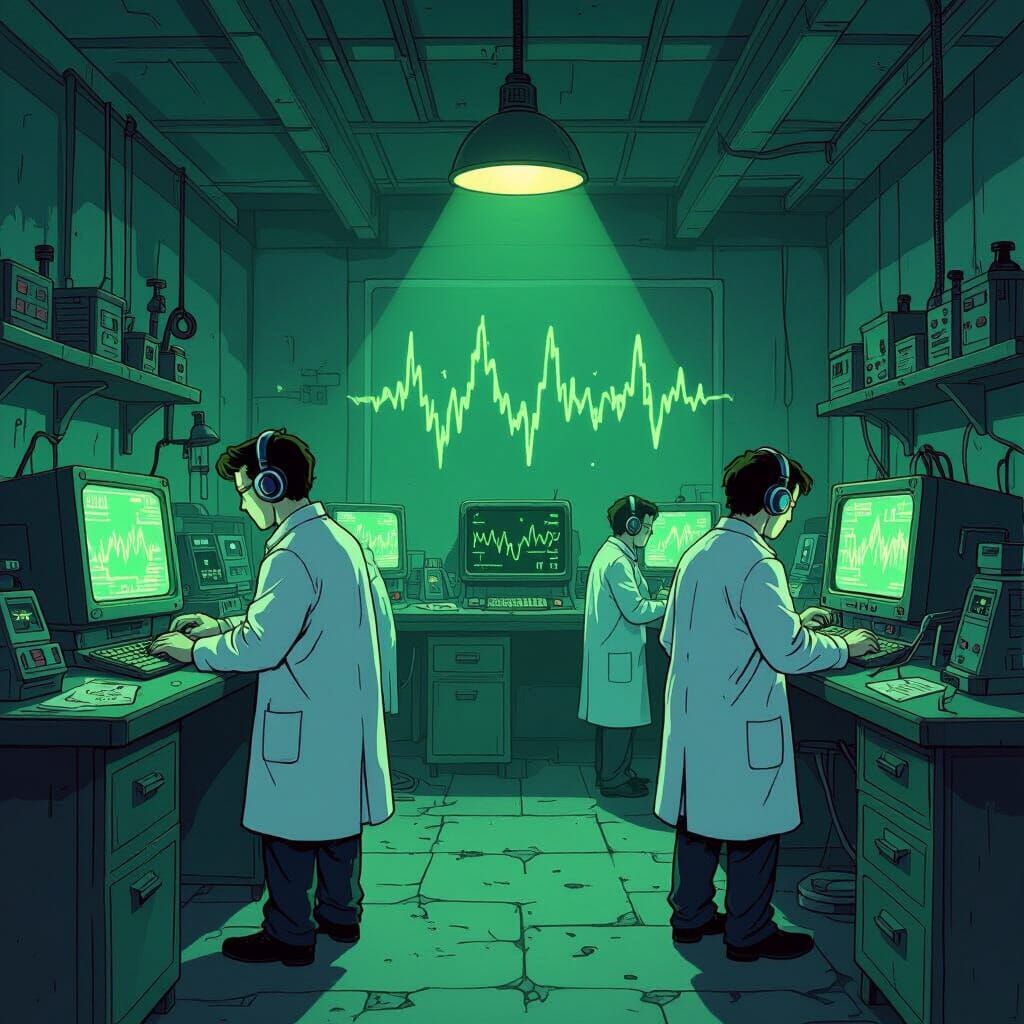 1980s Laboratory with Eerie Green Glow and Soundwave Monitor...