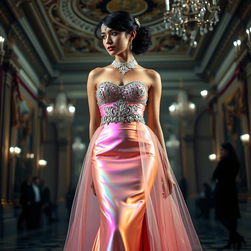 Woman in Iridescent Gown with Crystal Waist Cincher and Soap...