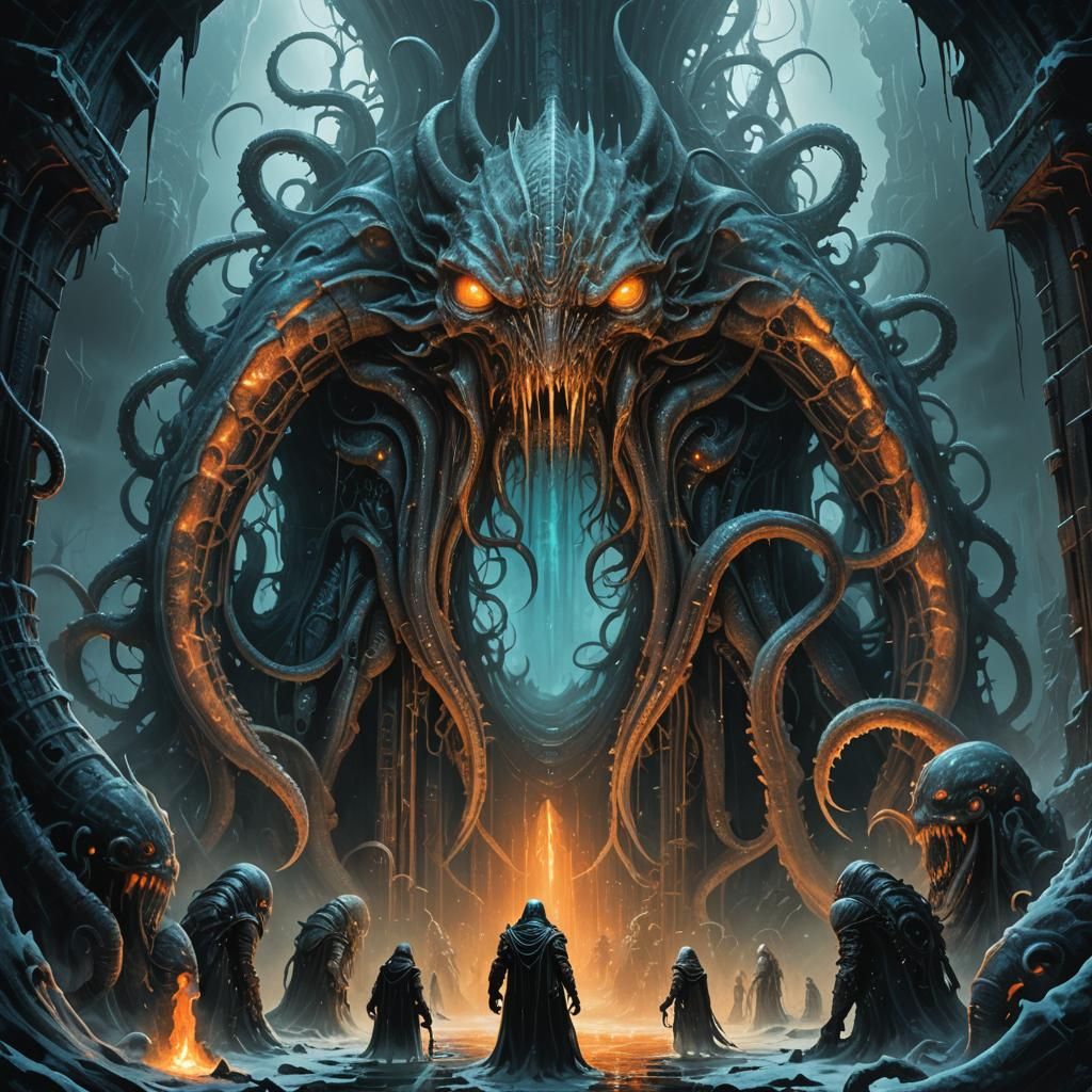 Monstrous Gathering at Eerie Portal: Dark Fantasy Art