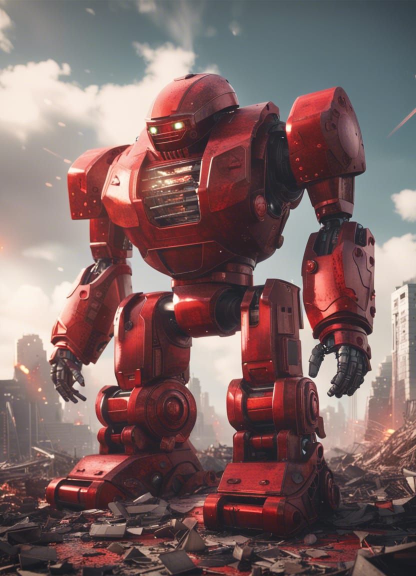 Vintage Red Robot in Destroyed City
