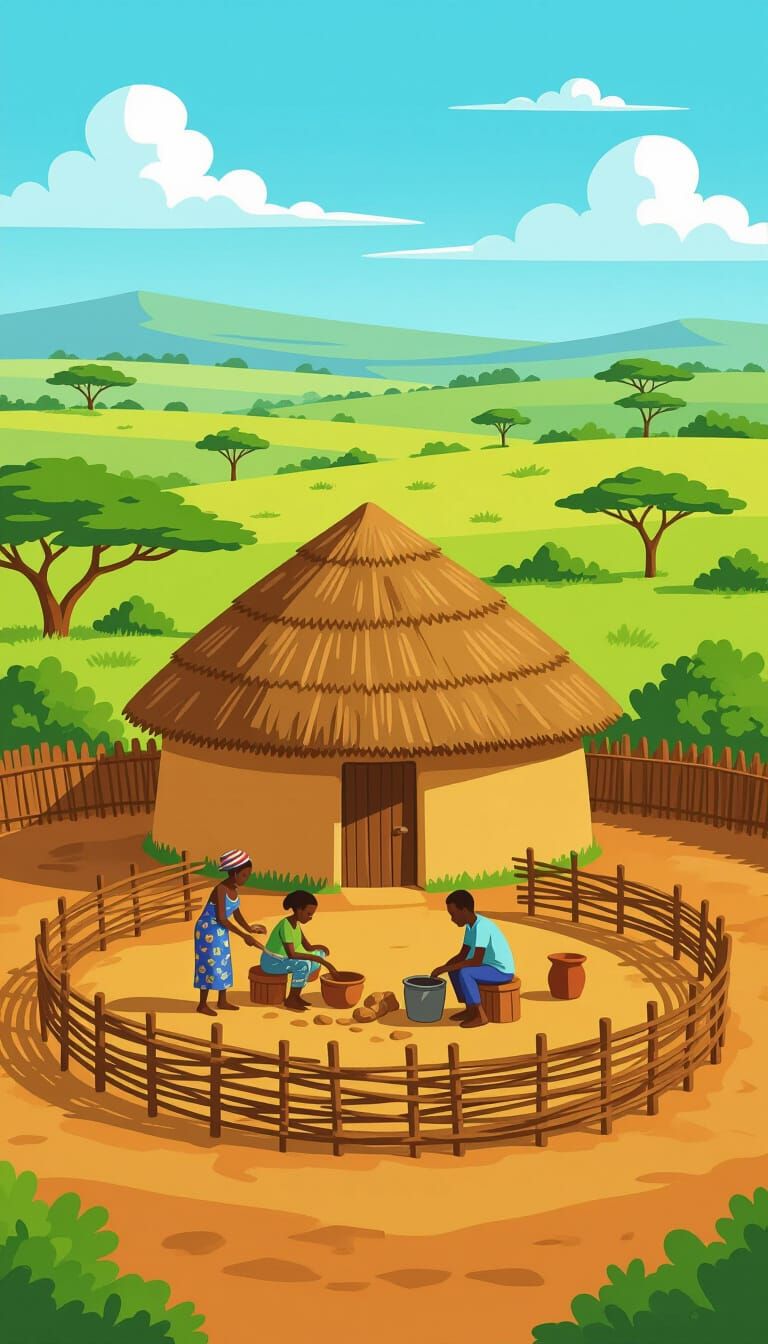 African Family at Traditional Hut, Digital Illustration