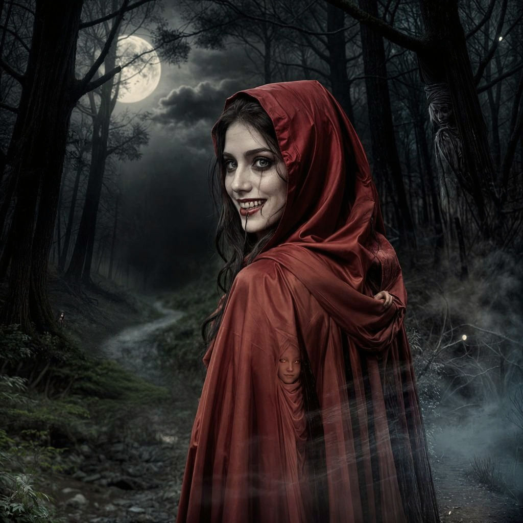 Little Red Riding Hood Vampire with Fangs in Dark Forest