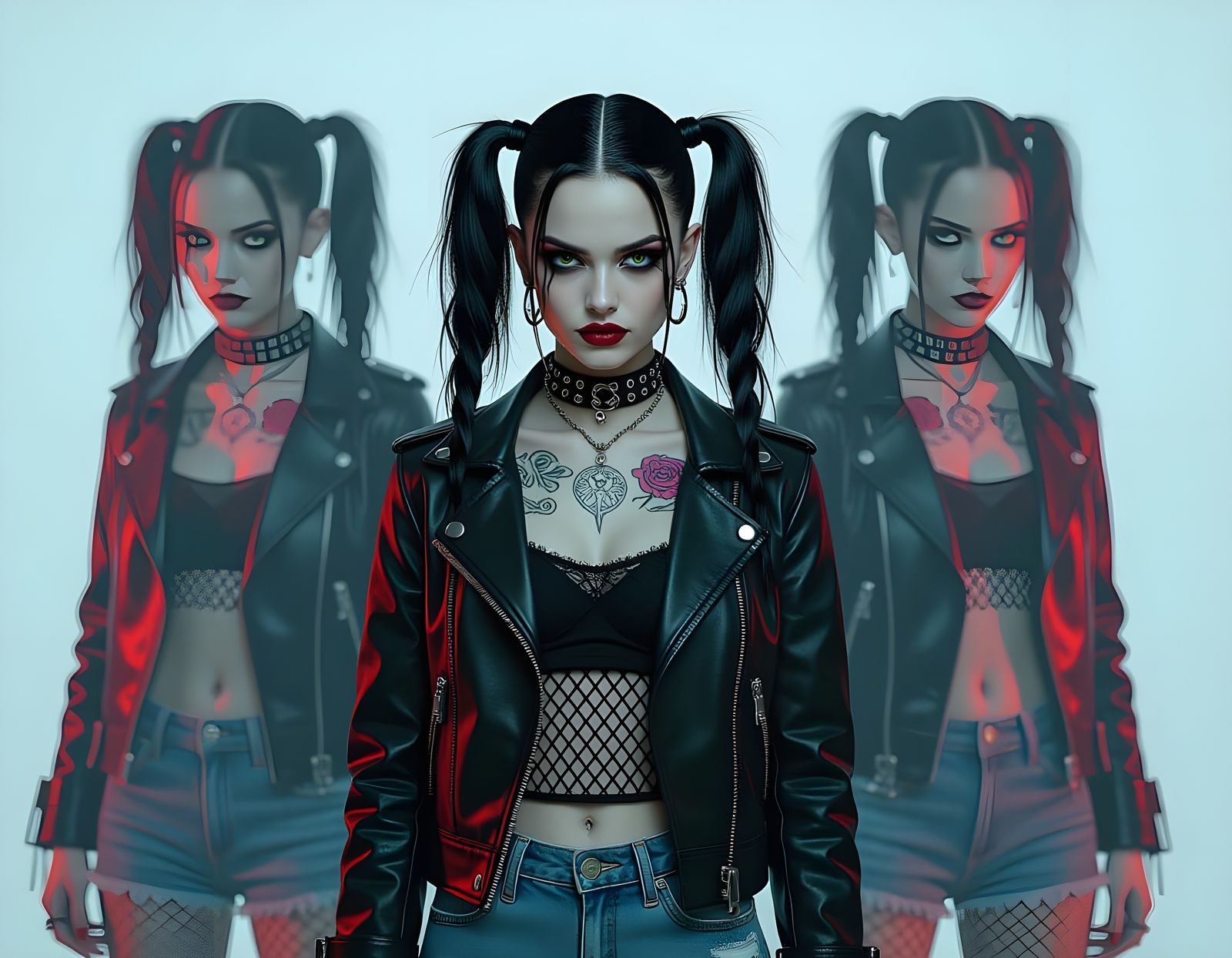 Cyberpunk Wednesday Addams with Tattoo Variations