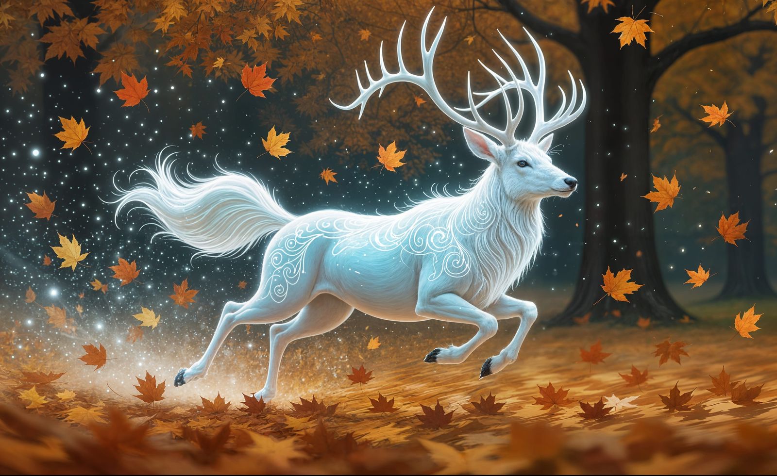 Bioluminescent Stag in Autumn Leaf Whirl