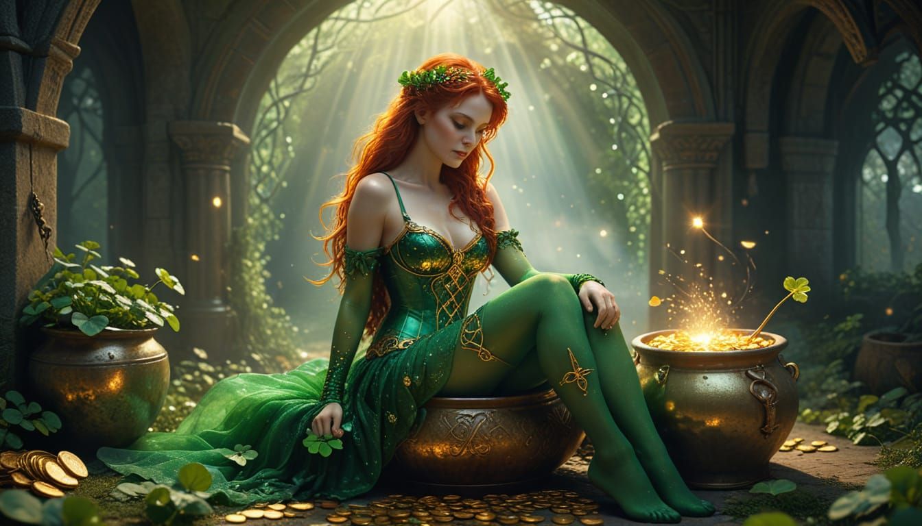 Whimsical Leprechaun Maiden Amidst Golden Treasure