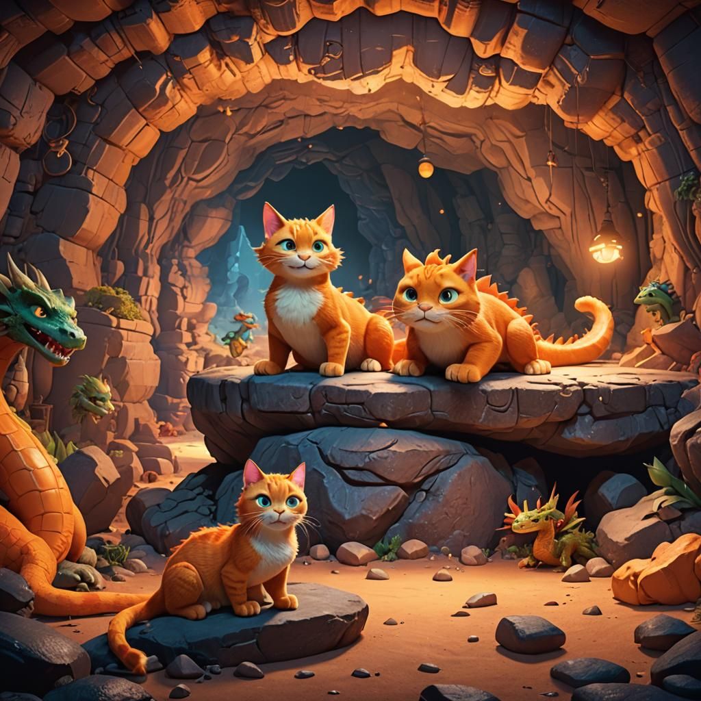 Orange Cat and Dragon in Cave: Pixar Style
