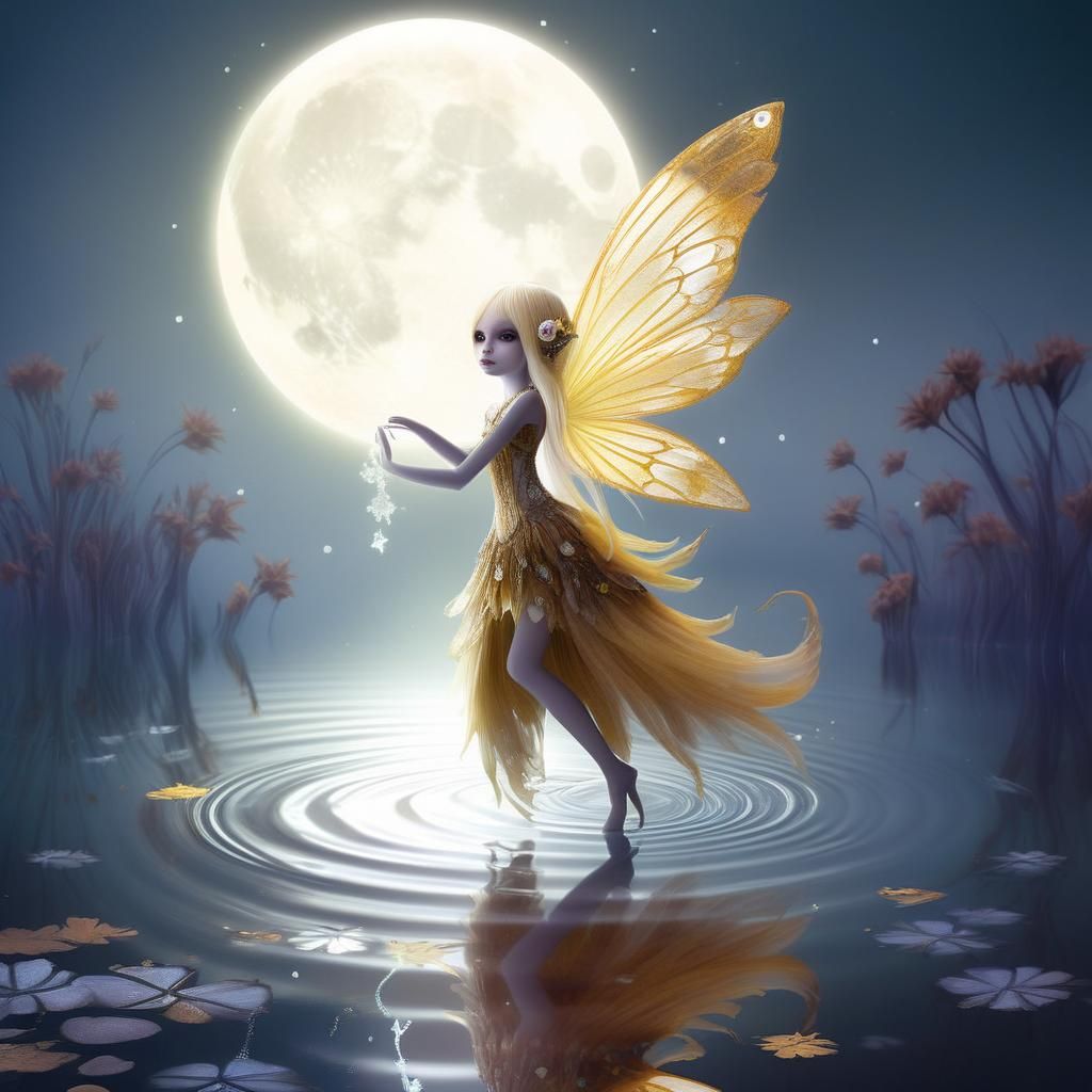 Bioluminescent Autumn Fairy Dance on Moonlit Pond