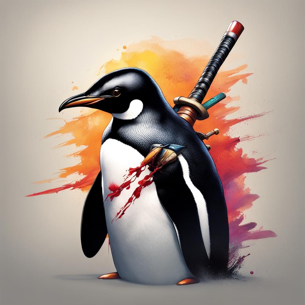 Hyperrealistic Samurai Penguin Splash Art