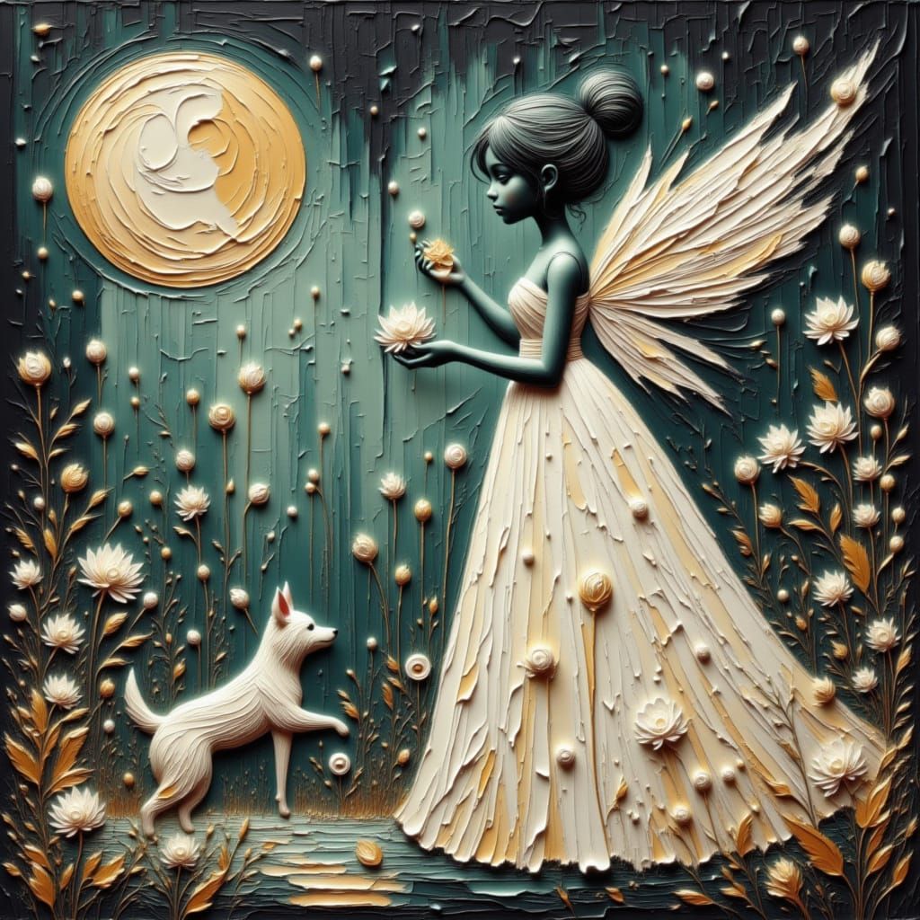 Moonfairy with white dress with gold embelishments, iredesce...