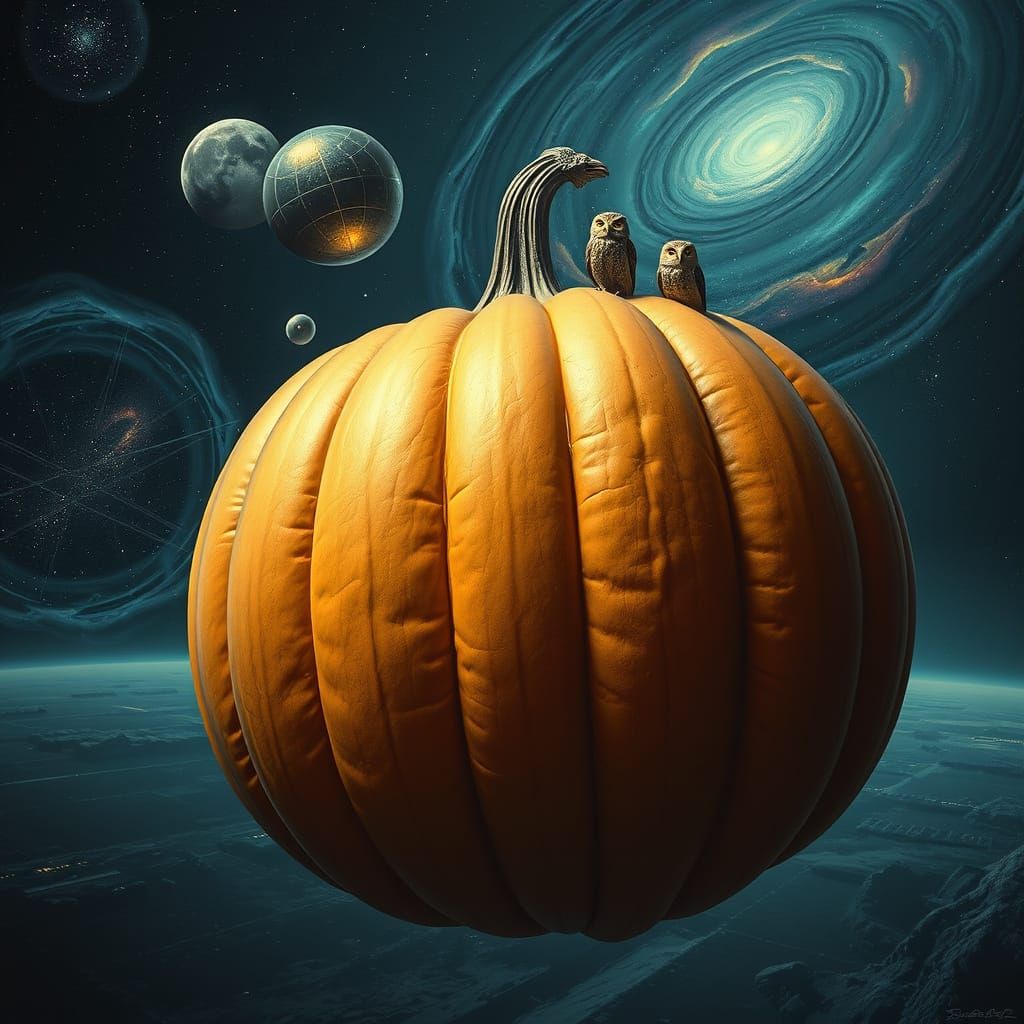Cosmic Pumpkin with Owls in Surrealist Style