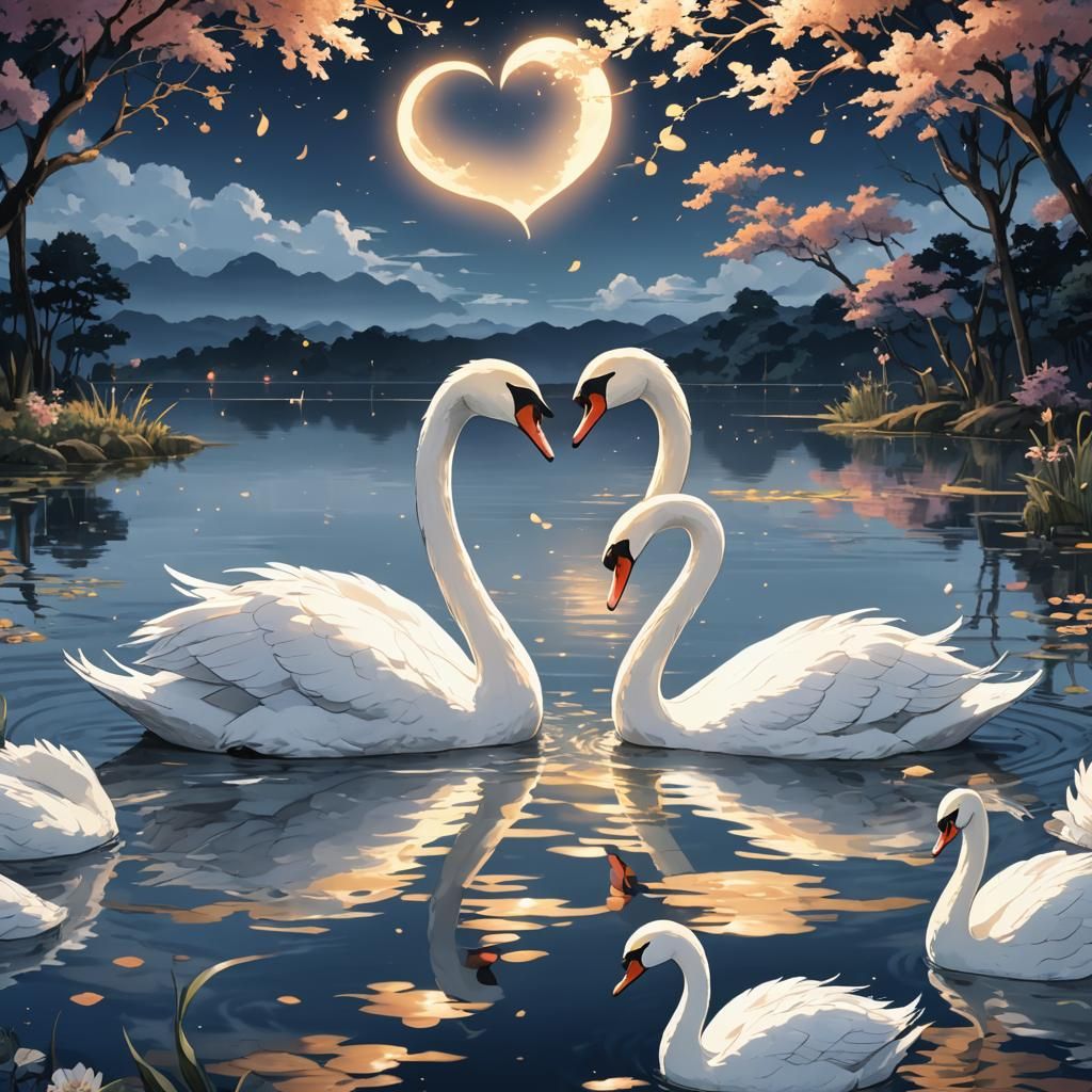 Swans Form Heart in Anime Style Lake at Night