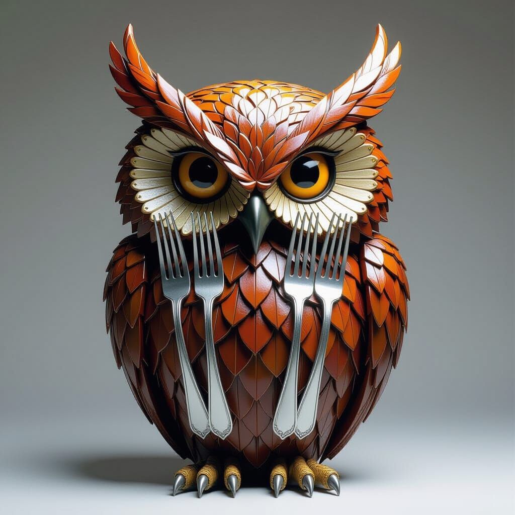 Fork Sculpture Owl in Comic Book Art Style