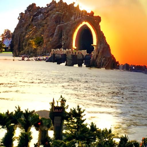 Majestic Rock Archway and Castle at Sunset
