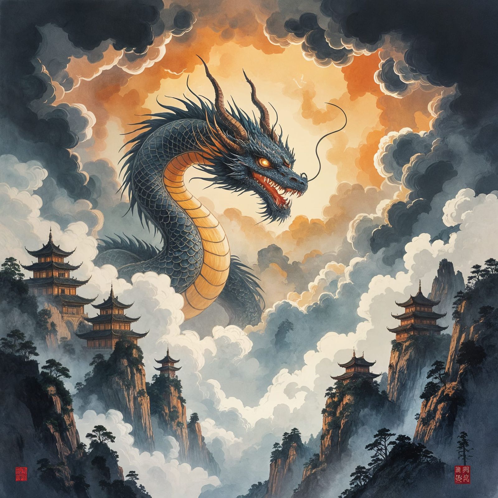 Ancient Dragon Emerges From Storm Scrolls Over Temple Roofto...