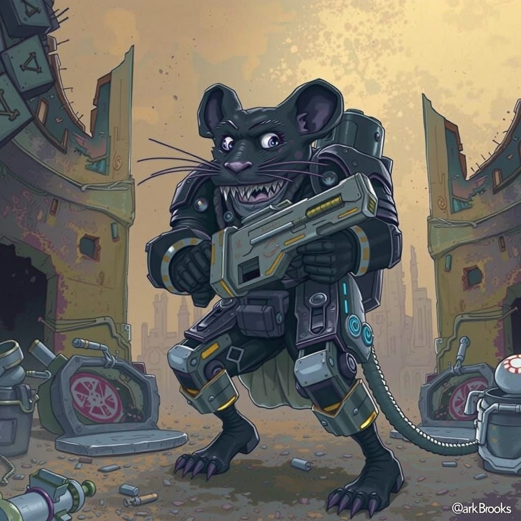 Cybernetic Rodent Warrior in Ruins