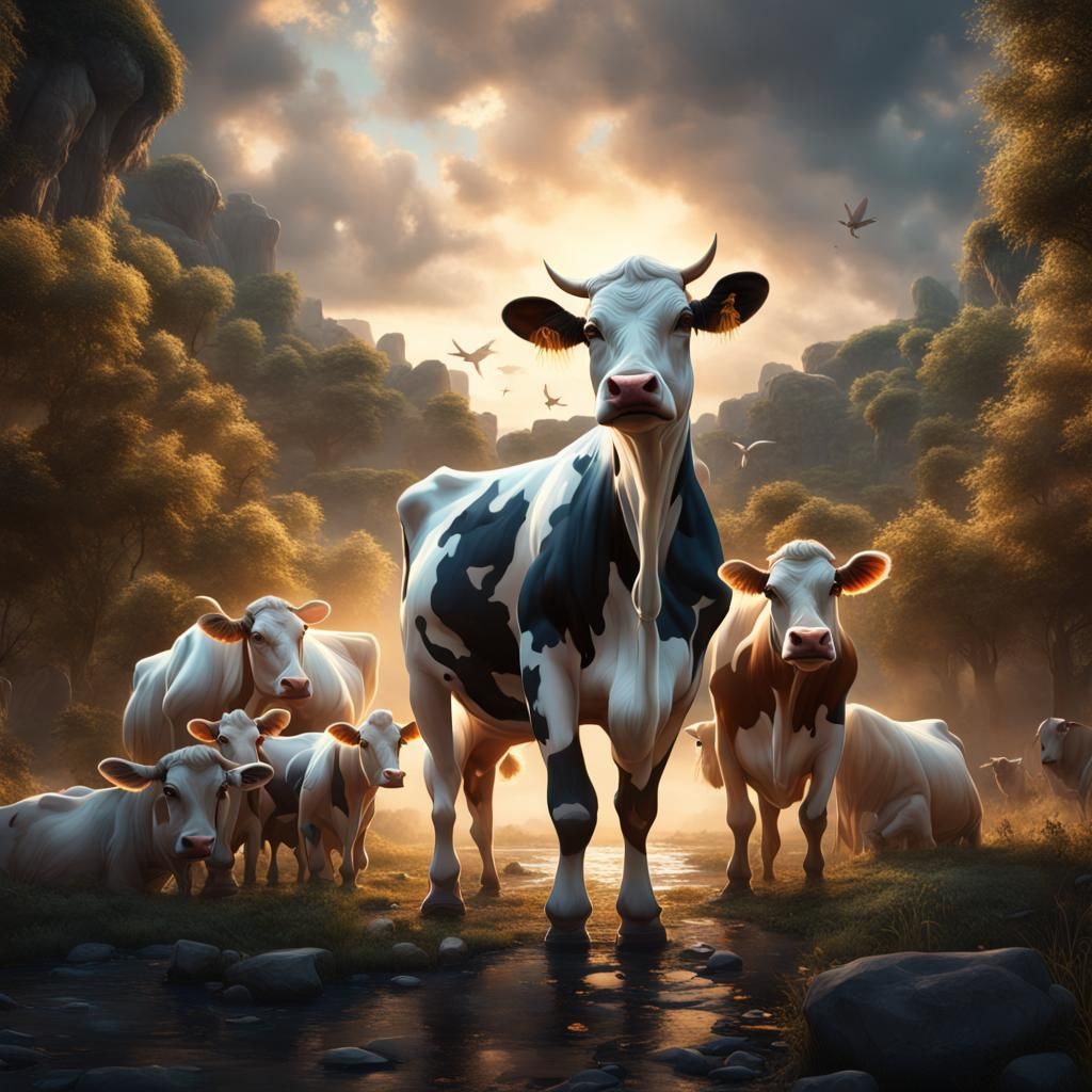Angelic Cows with Content Teen: Hyperrealistic Matte Paintin...