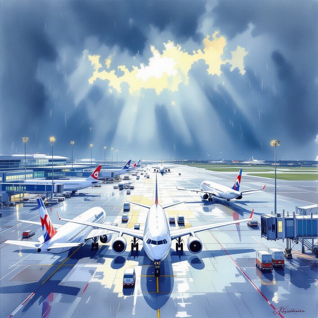 Schiphol. Airport. Airplanes. Eternal light. Aquarelle. By S...